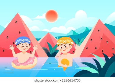 Im Sommer schwimmen Menschen im See mit Bergen von Wassermelonen und Pflanzen im Hintergrund, Vektorgrafik