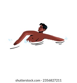 La gente nade en el océano de vacaciones. Un joven hace deportes acuáticos, un nadador descansa en la piscina del complejo, un deportista se relaja en el mar. Las actividades de playa en verano. Ilustración vectorial aislada plana en blanco