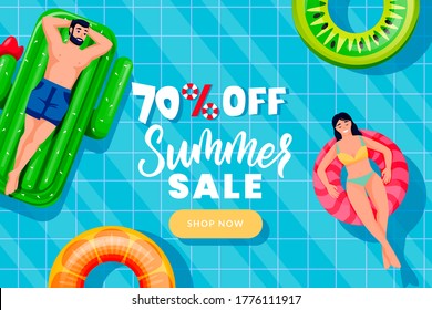 People swim on inflatable ring and mattress in swimming pool, top view vector illustration. Summer sale banner design template. Season discount poster with blue water background