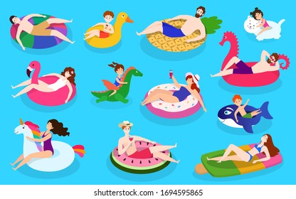 People swim pool colorful rubber rings, vector illustration, set of characters isolated on blue. Men, women and kids relax with funny rubber swimming rings with flamingo, unicorn, flat style.
