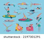 People swim in pool. Exercise in water. Persons diving or lying on inflatable mattress. Fitness cap. Male in goggles. Sport board icon. Happy swimmers set. Vector flat illustration
