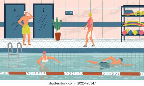 People swim in public swimming pool concept vector illustration set. Sport swimming pool interior. Man and woman swim in water