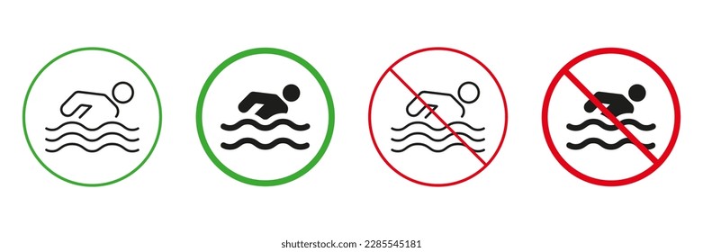 People Swim Red and Green Warning Signs. Swimmer on Beach Line and Silhouette Icons Set. Allowed and Prohibited Swim Zone Pictogram. Isolated Vector Illustration.