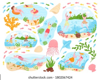 People swim, summer activity vector illustration set. Cartoon flat active happy man woman characters in swimsuits diving, swimming underwater with fish. Summertime beach vacation isolated on white