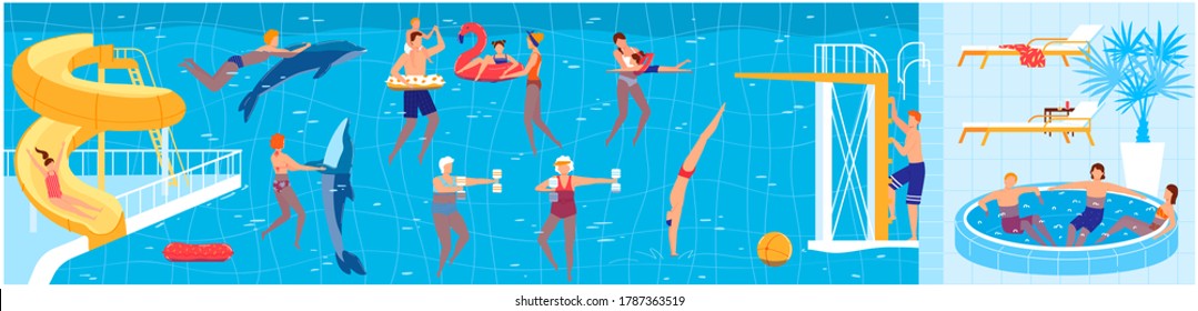 People swim in summer pool vector illustration. Cartoon flat man woman swimmers or family and kid characters swimming with dolphins, doing sport exercises, resting on blue water summertime pool party
