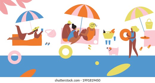 People swim, sunbathe, engage in water sports. Pool party concept abstract vector illustration. People enjoy summer vacation at poolside. Happy woman swim in swimming pool in holiday resort. 