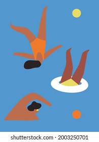 People swim, sunbathe, engage in water sports. Pool party concept abstract vector illustration. People enjoy summer vacation at poolside. Happy woman swim in swimming pool in holiday resort.