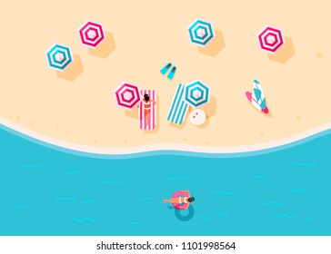 People swim and sunbathe.  Top view beach background with umbrellas, swim ring,  sunglasses, surfboard