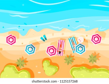 People swim and sunbathe.  Top view beach background with umbrellas, swim ring,sunglasses, surfboard