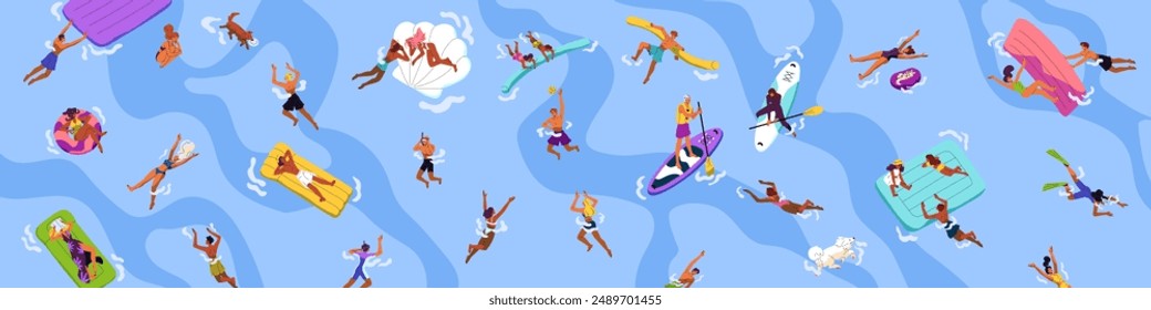 People swim in water top view banner. Happy tourists play, have fun in swimming pool. Men and women float on inflatable circles, mattress on sea. Beach activities in summer. Flat vector illustration