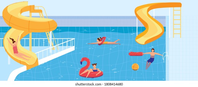 People swim in waterpark pool vector illustration. Cartoon flat swimmer kid characters have fun on aqua attractions in spiral plastic water slides and pipes, swimming in blue aquapark pool background