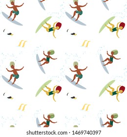 people swim in the waves, ride surfs, dive, relax, the dog swims in the sea. people on sea holidays. Seamless vector pattern n abelom background.