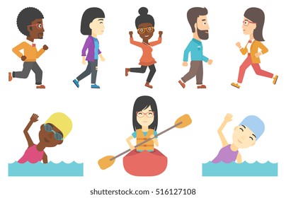 People in swimming cap and glasses swimming in pool. Young woman swimming. Successful business woman and business man walking. Set of vector flat design illustrations isolated on white background.