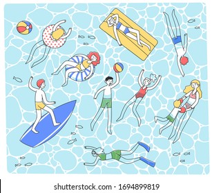 People swimming in clear sea flat vector illustration. Happy cartoon characters in swimwear playing, surfing, diving. Summer, vacation and activity concept.