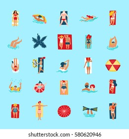 People swimming diving bathing tanning reading and checking smartphone on beach funny flat icons collection  vector illustration