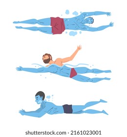 People swimming and diving in swimming pool set cartoon vector illustration