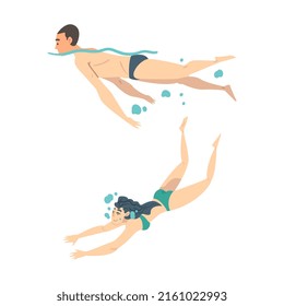 People swimming and diving in water set cartoon vector illustration