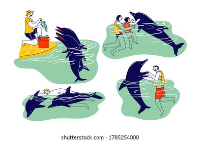 People Swimming with Dolphins. Adults and Children Characters Playing with Cute Sea Animals, Feeding with Fish. Tropical Summer Vacation Recreation, Medical Therapy, Relax. Linear Vector Illustration