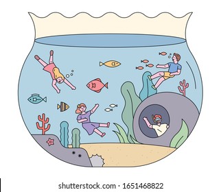 People are swimming in the fishbowl. flat design style minimal vector illustration.