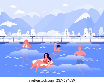 People swimming in hot springs in winter vector illustration. Cartoon drawing of people improving health at winter resort, woman on inflatable ring. Wellness, tourism, healthy lifestyle concept