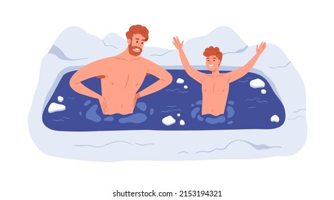 People Swimming In Ice Hole In Cold Winter. Father And Child Son In Frozen Water Outdoors. Happy Healthy Family Hardening, Bathing In Frost. Flat Vector Illustration Isolated On White Background