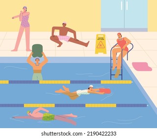 People are swimming in an indoor pool. flat design style vector illustration.