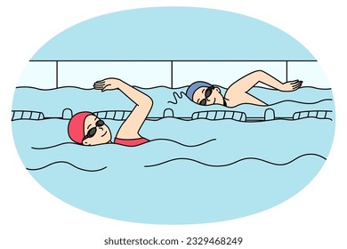 Gente nadando en la piscina interior. Deportistas en entrenamiento de artes para la competencia. La actividad física y el concepto deportivo. Ilustración vectorial.