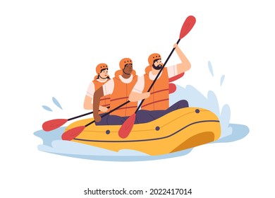 People swimming in inflatable boat, rowing with paddles. Team of men and woman in helmets traveling on lake or river. Summer water sport. Flat vector illustration isolated on white background