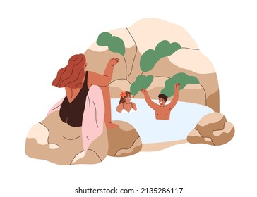 People swimming in mountain lake, hot spring among rocks. Happy friends relaxing in water outdoors. Man and women resting in summer nature. Flat vector illustration isolated on white background