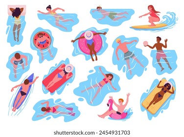 People swimming in ocean or pool. Summer sea vacation, characters floating on inflatable rings, diving and swimming flat vector illustration set. Cartoon people playing in water