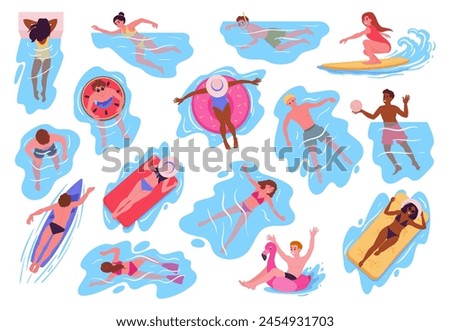 People swimming in ocean or pool. Summer sea vacation, characters floating on inflatable rings, diving and swimming flat vector illustration set. Cartoon people playing in water