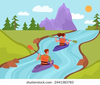 Menschen schwimmen auf dem Fluss. Mann und Frau in Booten schwimmen am Fluss im Wald. Aktiver Lebensstil und Extremsport. Wandern und Freizeit. Kajak und Suppe. Cartoon flache Vektor-Illustration