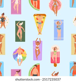 People swimming on rubber mattresses. Beach pool party characters. Travellers, seasonal vacation teens. Young adults in swimsuits, vector background