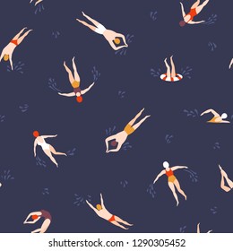 People swimming pattern. Summer seamless background. Summertime vector illustration with swimmers drawing in flat design. 