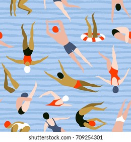 People swimming pattern. Summer seamless background. Summertime vector illustration with swimmers drawing in flat design.