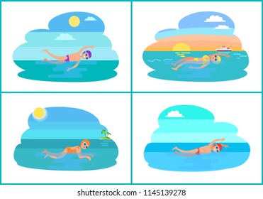 People swimming in pond cartoon vector badge. Sportsman floating different styles, in swimsuit, glasses and hat, isolated on landscape, sunny weather