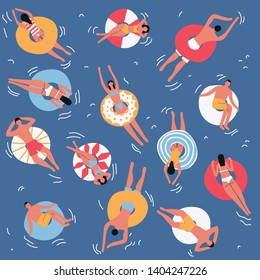 People in swimming pool with inflatable circles top view. Vector flat illustration