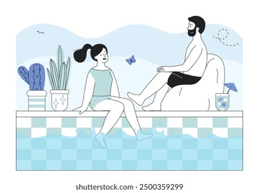 People in swimming pool. Man and woman sitting near pool of water. Recreation and leisure. Holiday and vacation. Tourists relax in tropical country. Linear vector illustration