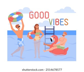 People in swimming pool. Men and women in swimsuits swim in water. Tourists in tropical and exotic country. Relax and recreation. Flat vector illustration isolated on white background