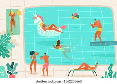 People Swimming Pool. Persons, Women And Men Relaxing Summer Pool Swim Diving Jump Sunbathing Loungers Party Resort Colorful Flat Vector Illustration