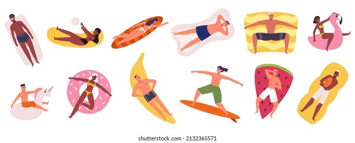 People swimming in pool with rubber circles, summertime water activities. Cartoon characters floating on inflatable mattresses or rubber pool toys vector illustration set. Man surfboarding
