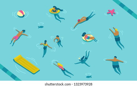 People swimming in pool or sea. Cartoon modern characters set. Flat vector illustration.