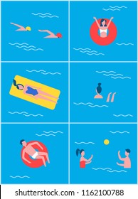 People in swimming pool set. Summer vacation and recreation of professional swimmers wearing special outfits. Man on lifebuoy lifeline vector