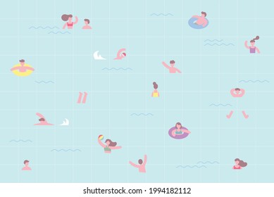 Gente nadando en la piscina. Caracteres simples y pequeños de la composición del patrón. estilo de diseño plano ilustración vectorial mínima.