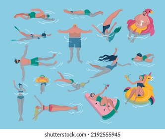 People in swimming pool. Swimmers diving or lying on inflatable mattresses. Women in water. Kid persons fun. Active man floating in aqua. Summer vacation. Vector cartoon illustration