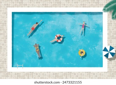 People swimming in a pool watercolor