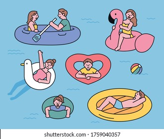 People are swimming in pools in various types of tubes. flat design style minimal vector illustration.