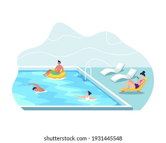 People Swimming In Public Swimming Pool. Summer Vacation Concept, Man And Woman Wearing Swimsuits Sunbathing. Young Men And Women Having Fun At Outdoor Swimming Pool. Vector Illustration In Flat Style