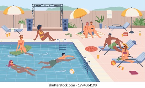 People swimming and relaxing by water, pool party and rest for male and female characters. Personage on inflatable mattress, sunbathing and enjoying summer vacations. Vector in flat cartoon style