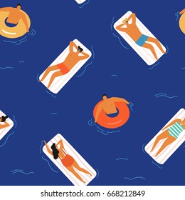 People swimming and relaxing in water, enjoying summer and the sea. Summertime illustration